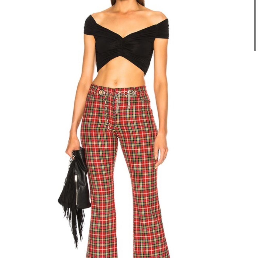Miaou Morgan Red Tartan Plaid High Rise Cropped Flare Pant W Chain Belt Size 25 - Picture 8 of 9